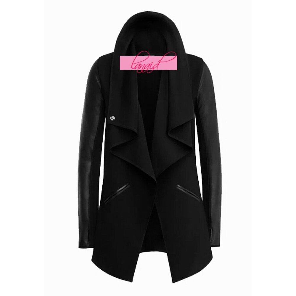 Spanx Faux Leather Drape Front Jacket Very Black Edgy Motorcycle Leather Coat S - Picture 13 of 16